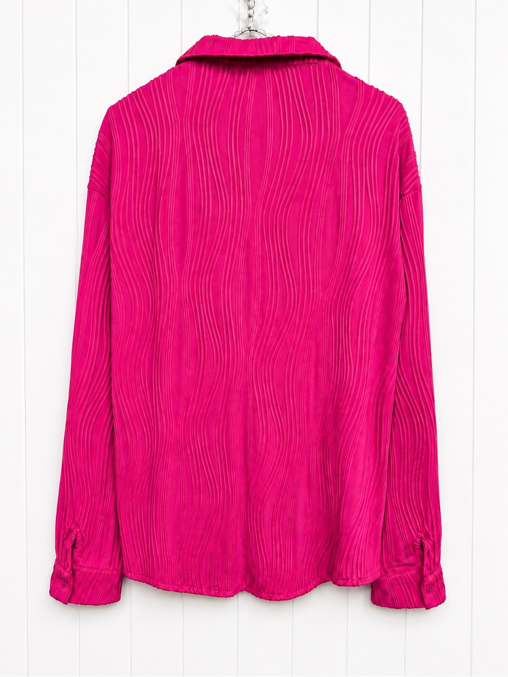 Hot Pink Fuchsia Pleated Button Down Blouse Long Sleeve Size M - Picture 2 of 4